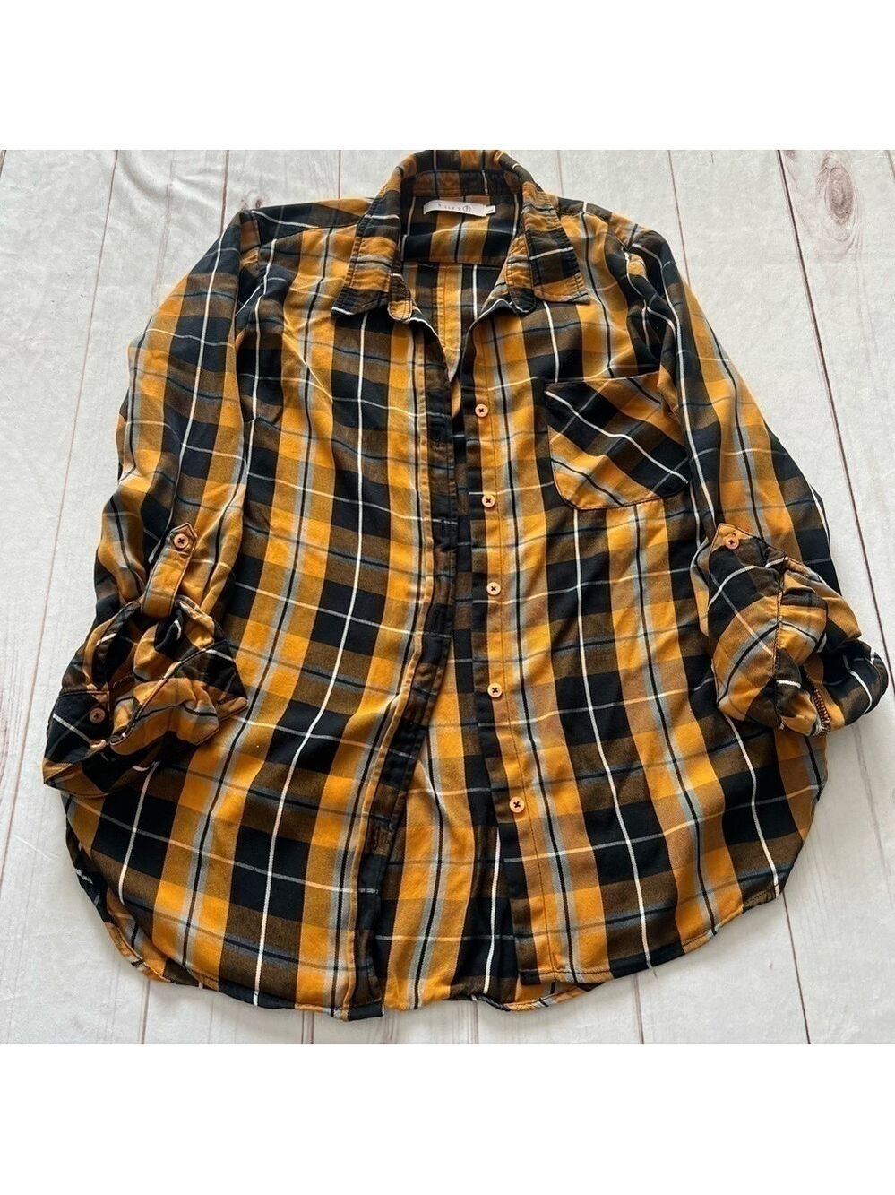 Billy T Women's L Soft Mabry Checkered Gold Long Sleeve Button Up Collared Shirt - Picture 10 of 10